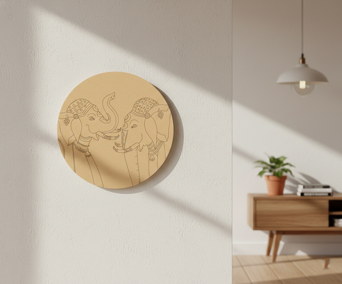 MDF elephant pre marked round base for DIY painting and decorative craft projects, mounted on wall