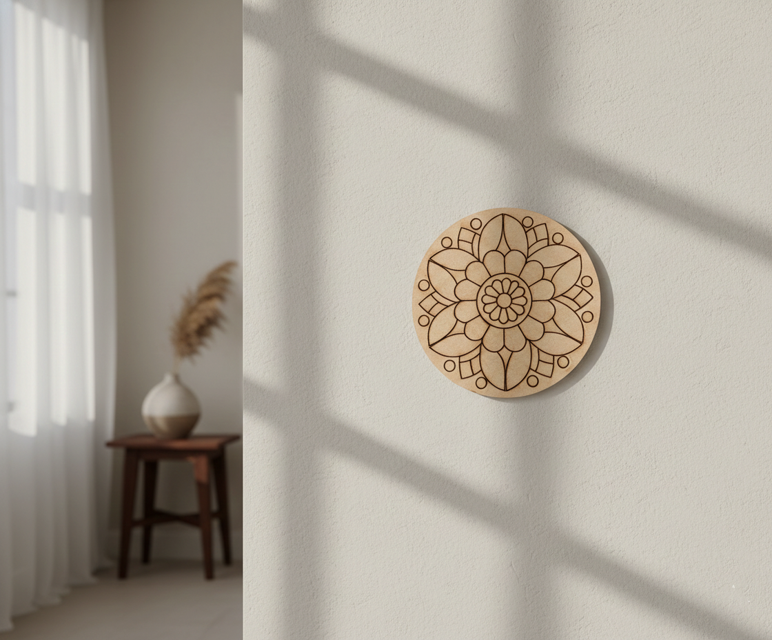 MDF flower  pre marked round base for DIY painting and decorative craft projects, mounted on wall