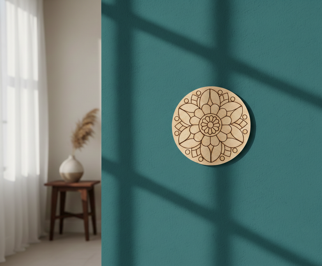 MDF flower  pre marked round base for DIY painting and decorative craft projects, mounted on wall