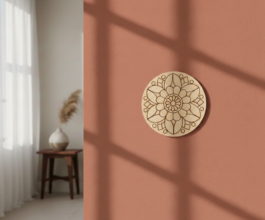 MDF flower  pre marked round base for DIY painting and decorative craft projects, mounted on wall