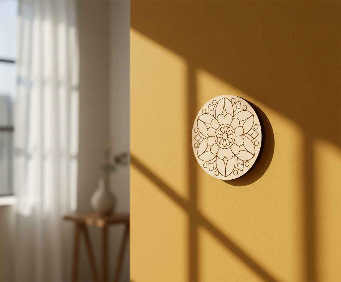 MDF flower  pre marked round base for DIY painting and decorative craft projects, mounted on wall