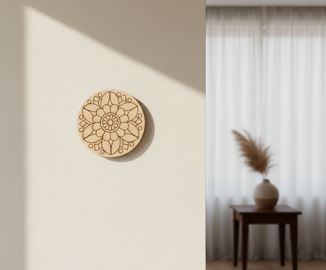 MDF flower  pre marked round base for DIY painting and decorative craft projects, mounted on wall