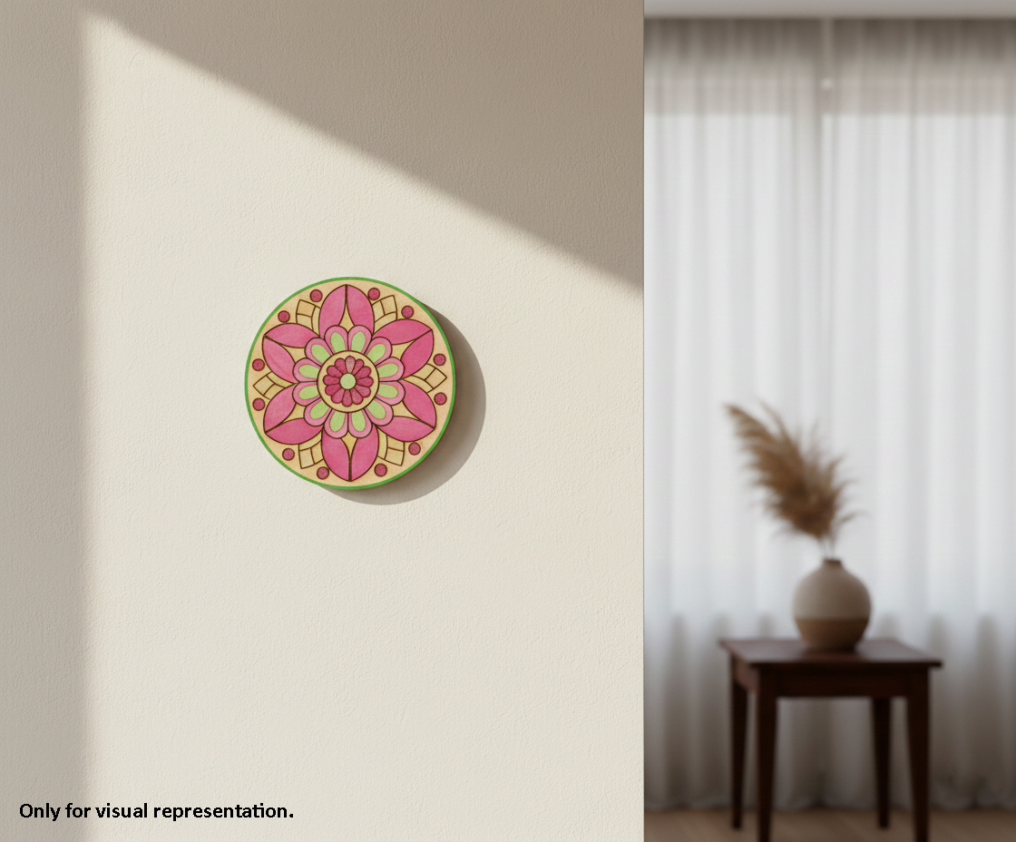 painted MDF flower  pre marked round base for DIY painting and decorative craft projects, mounted on wall
