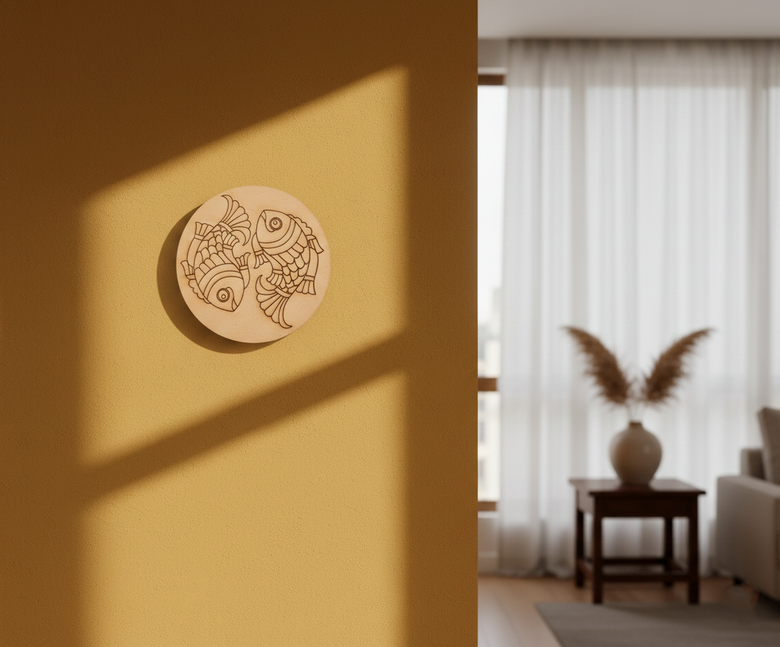 MDF fish pre marked round base for DIY painting and decorative craft projects, mounted on wall