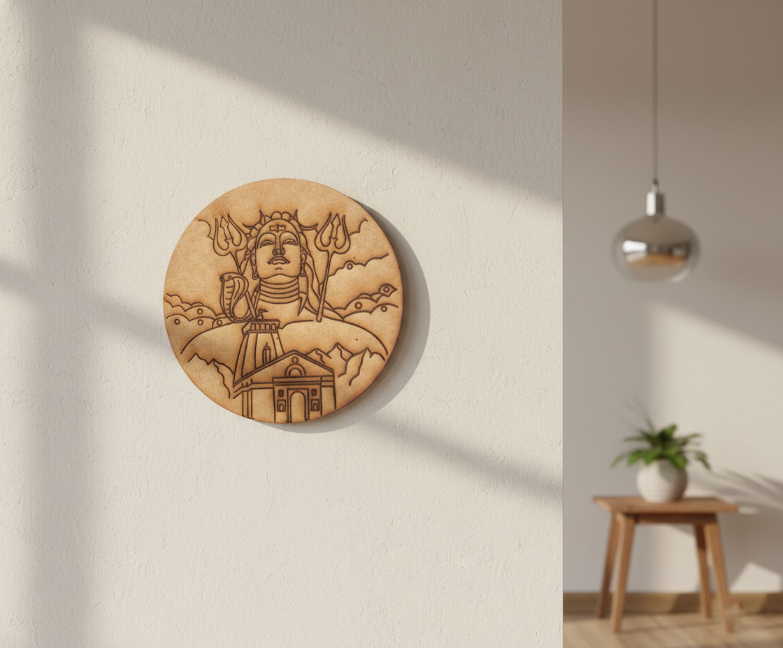 MDF Shiva pre marked round base for DIY painting and decorative craft projects, mounted on wall