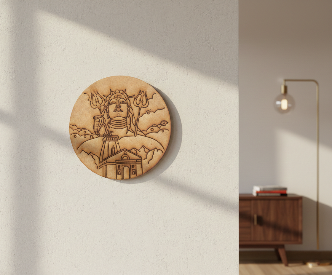 MDF Shiva pre marked round base for DIY painting and decorative craft projects, mounted on wall