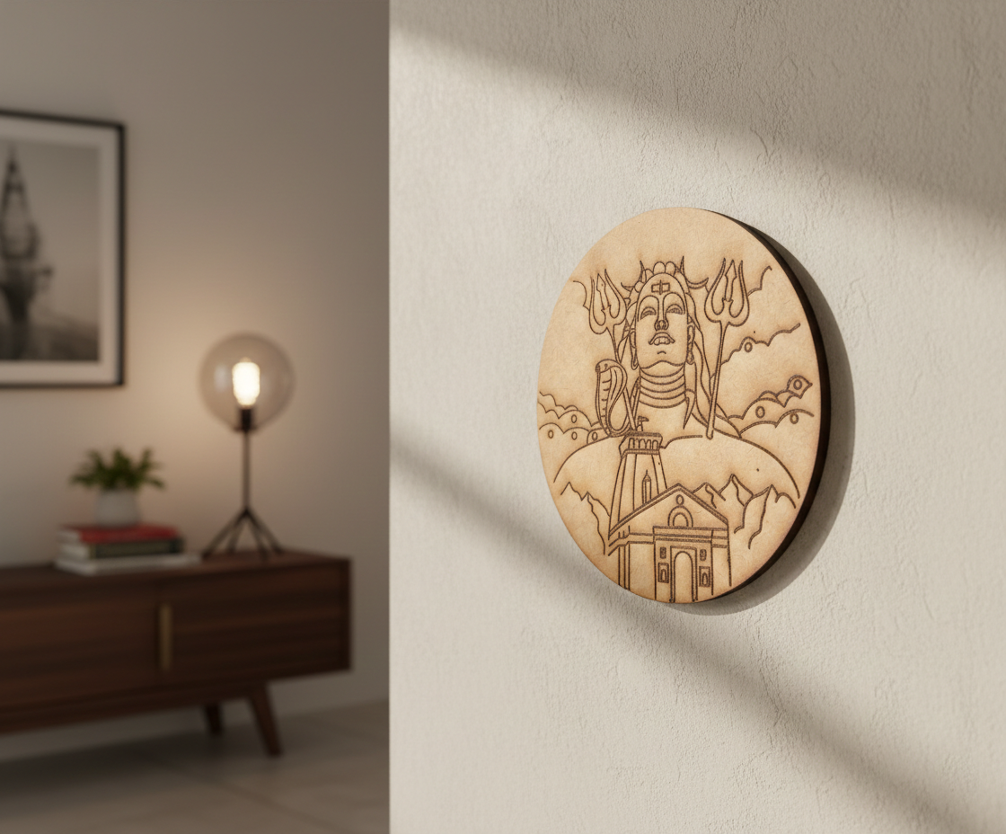 MDF Shiva pre marked round base for DIY painting and decorative craft projects, mounted on wall