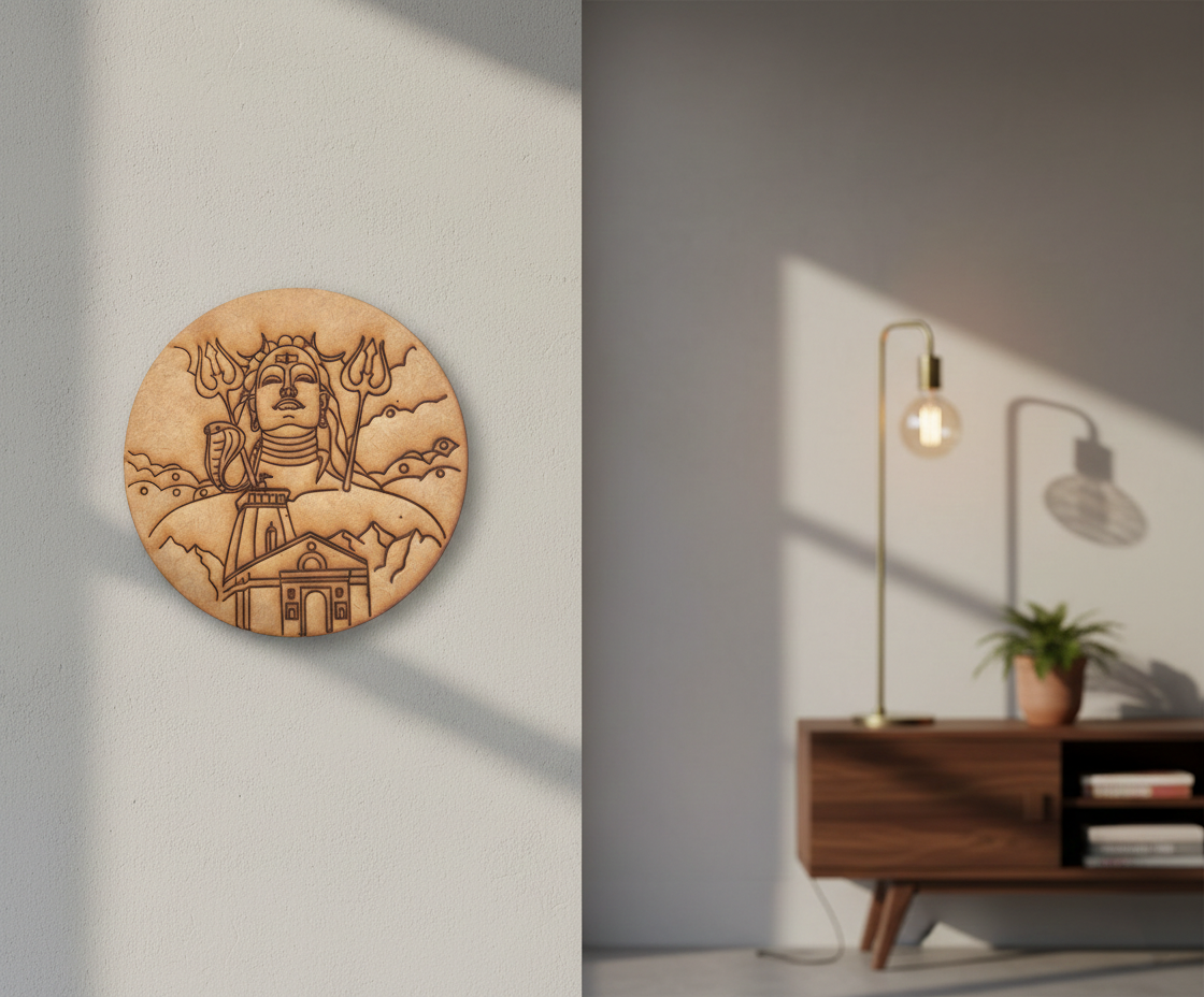 MDF Shiva pre marked round base for DIY painting and decorative craft projects, mounted on wall