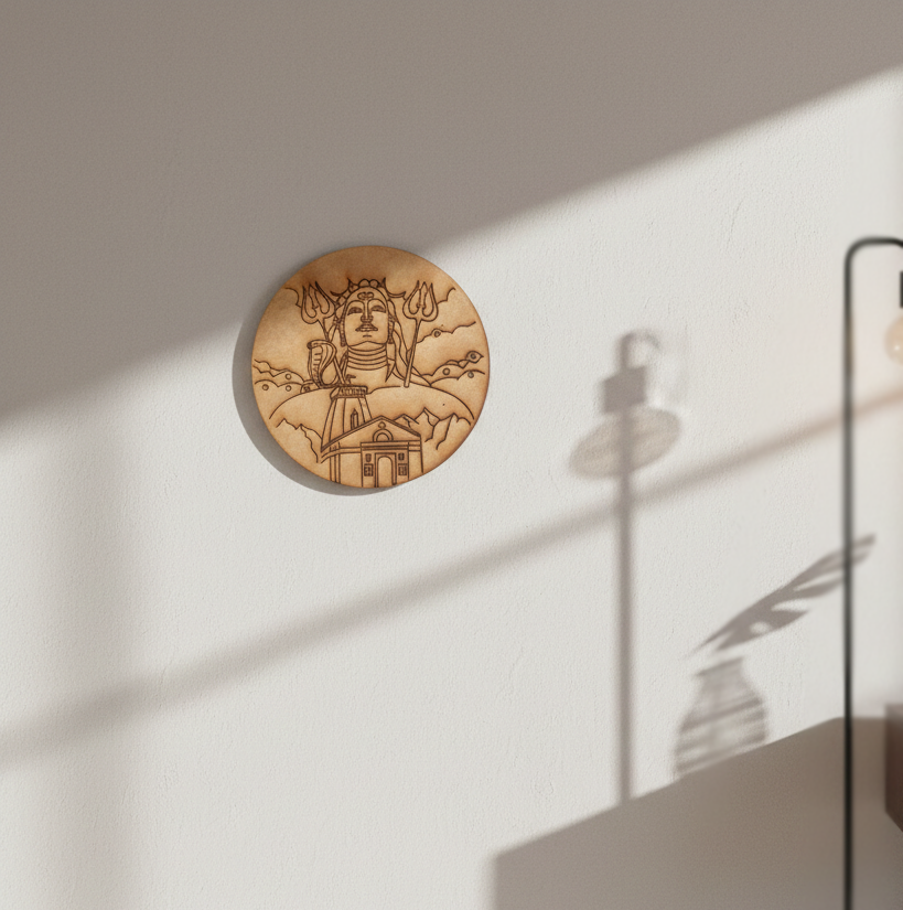 MDF Shiva pre marked round base for DIY painting and decorative craft projects, mounted on wall