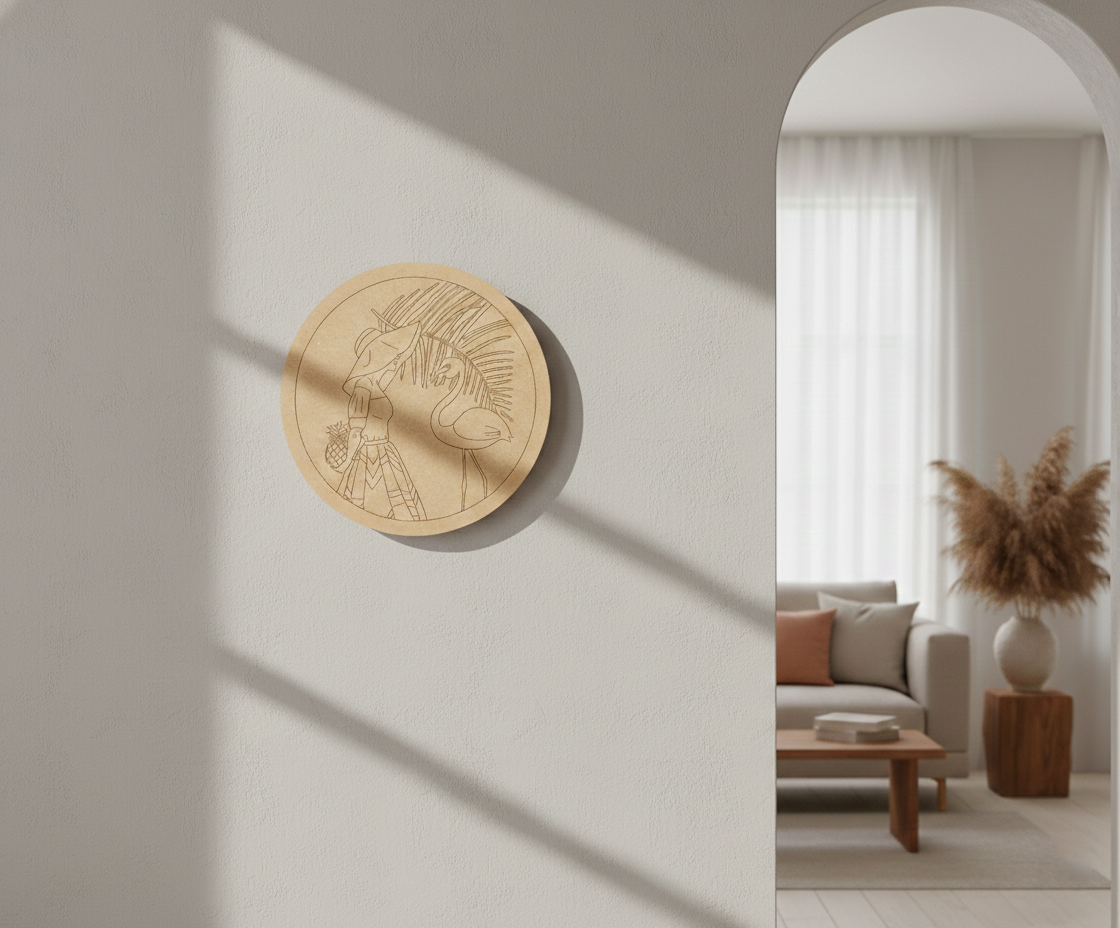 MDF flamingo pre marked round base for DIY painting and decorative craft projects, mounted on wall