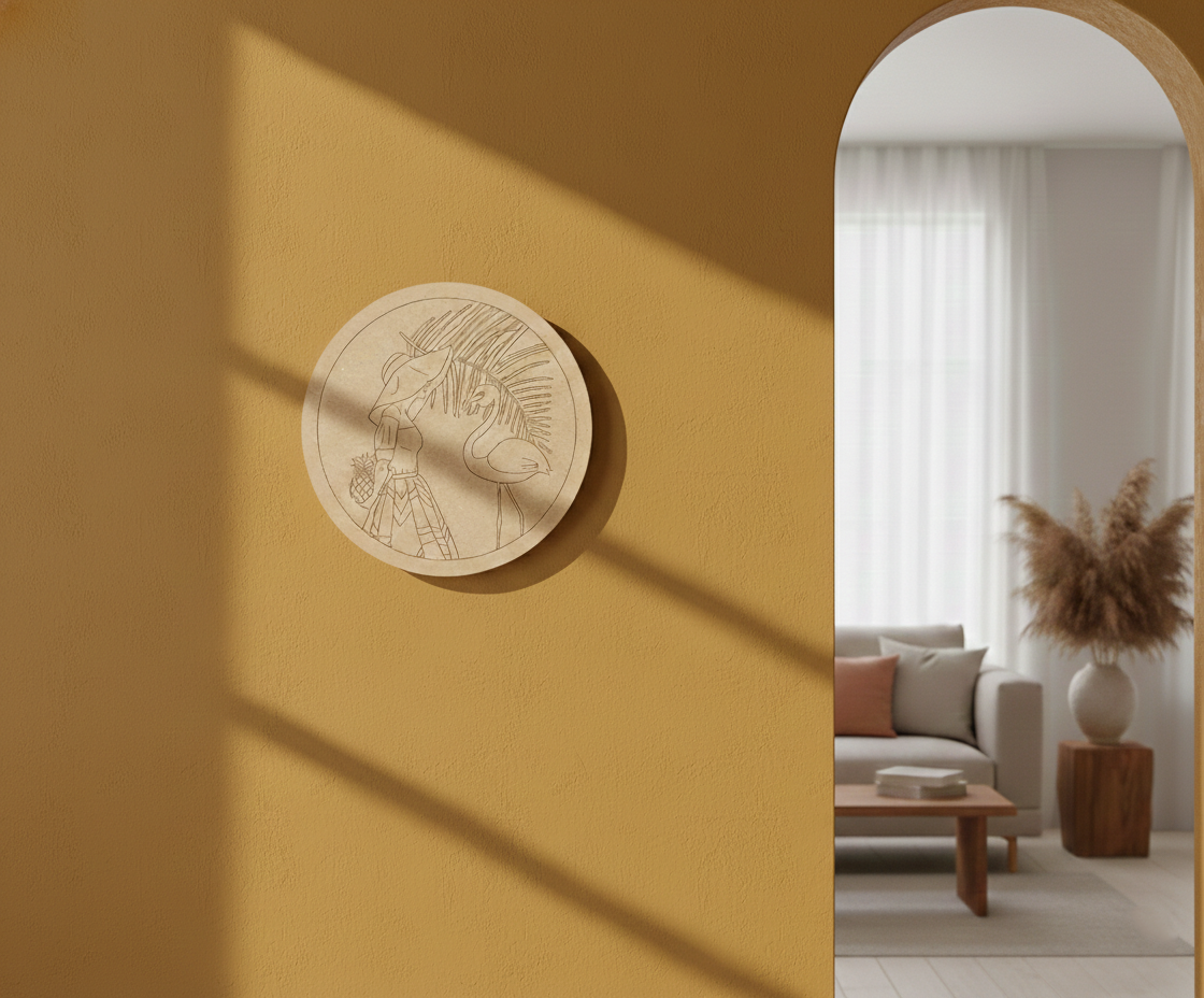 MDF flamingo pre marked round base for DIY painting and decorative craft projects, mounted on wall