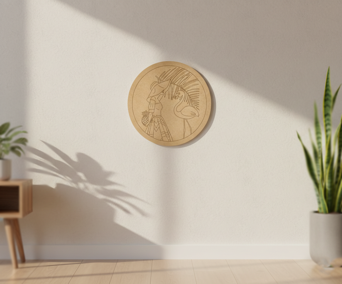 MDF flamingo pre marked round base for DIY painting and decorative craft projects, mounted on wall