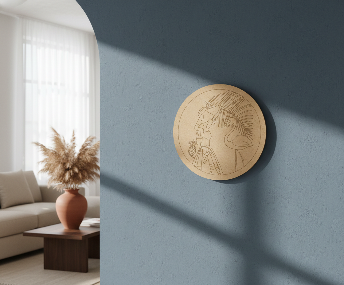 MDF flamingo pre marked round base for DIY painting and decorative craft projects, mounted on wall