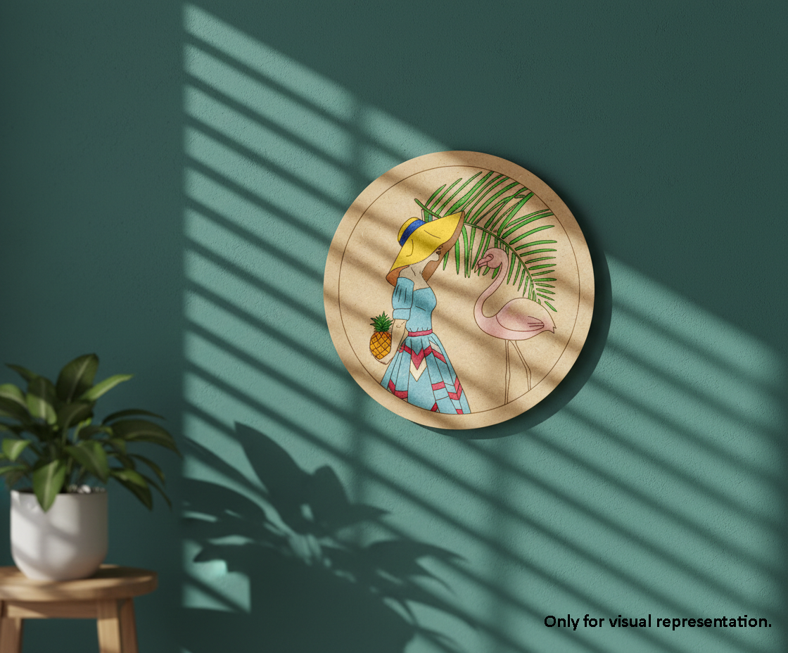 painted MDF flamingo pre marked round base for DIY painting and decorative craft projects, mounted on wall