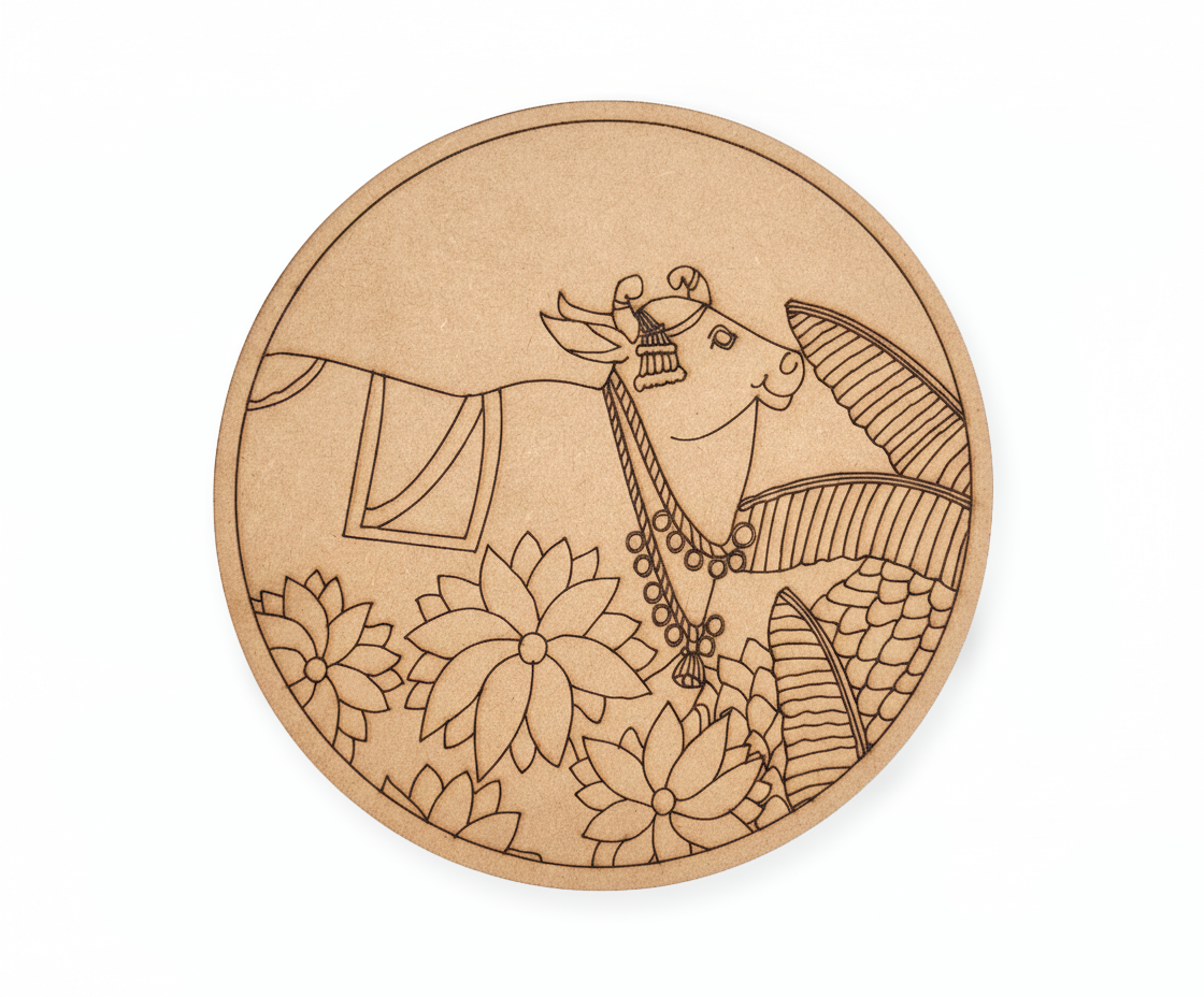 MDF cow and lotus pre marked round base for DIY painting and decorative craft projects