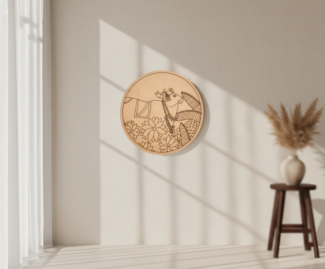 MDF cow and lotus pre marked round base for DIY painting and decorative craft projects, mounted on wall