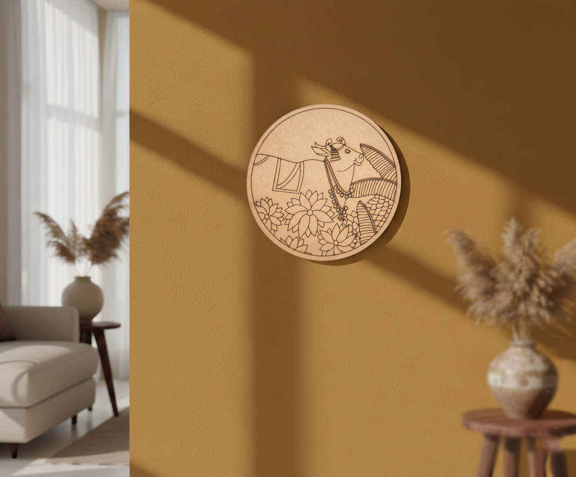 MDF cow and lotus pre marked round base for DIY painting and decorative craft projects, mounted on wall