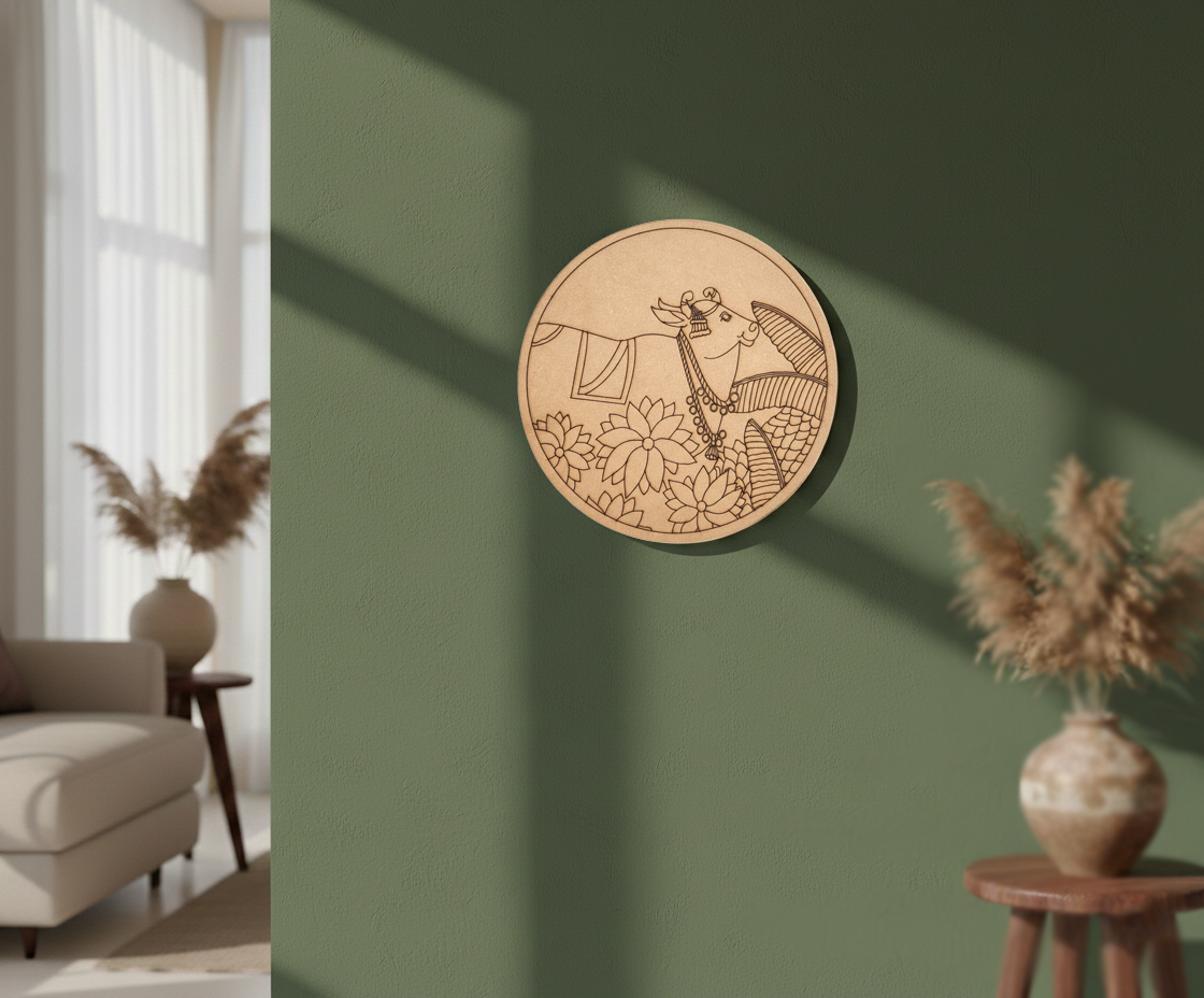 MDF cow and lotus pre marked round base for DIY painting and decorative craft projects, mounted on wall