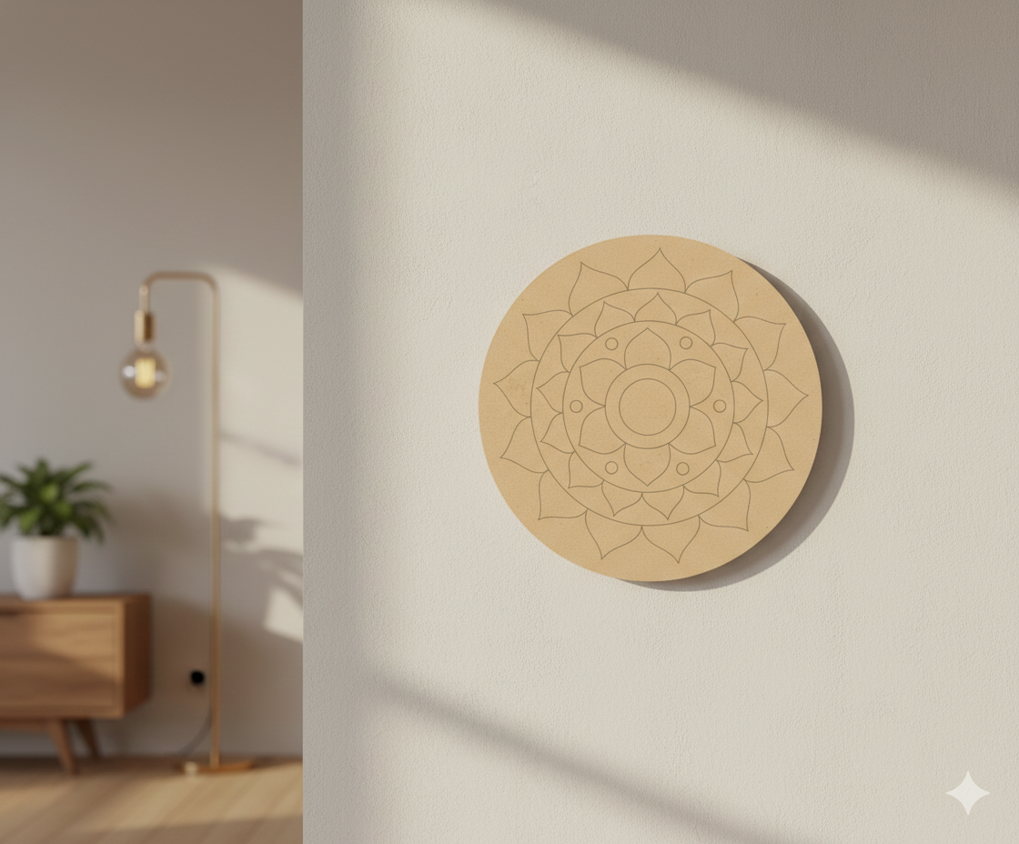 MDF lotus mandala pre marked round base for DIY painting and craft projects, mounted on wall