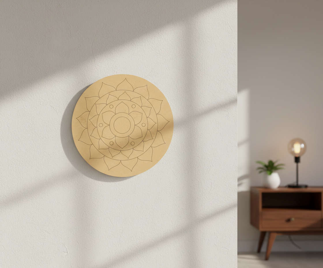 MDF lotus mandala pre marked round base for DIY painting and craft projects, mounted on wall