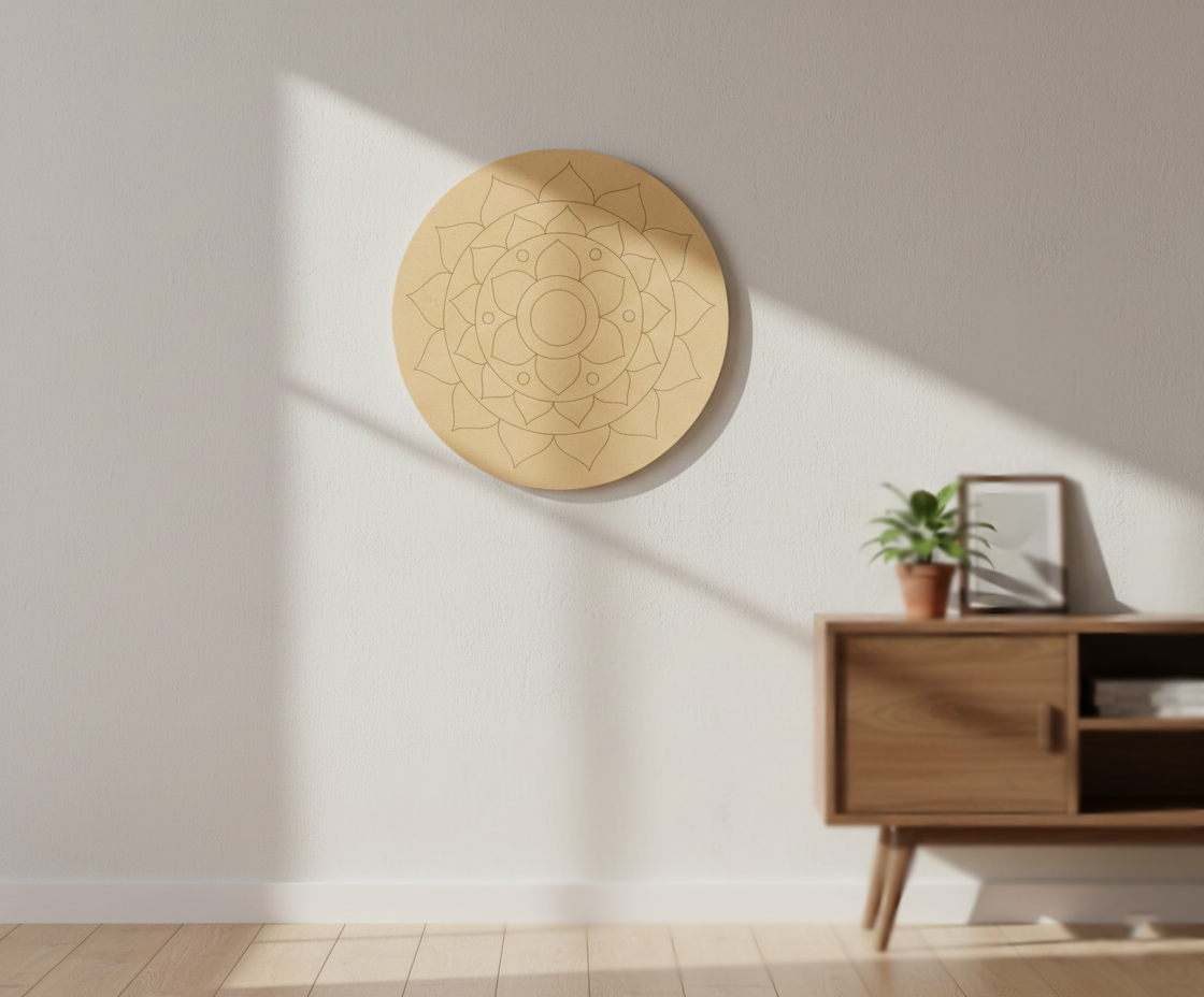 MDF lotus mandala pre marked round base for DIY painting and craft projects, mounted on wall
