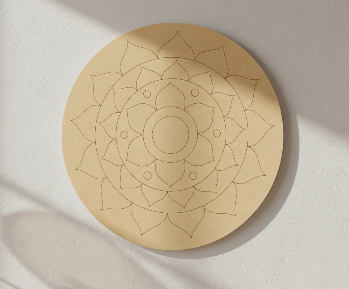 MDF lotus mandala pre marked round base for DIY painting and craft projects, mounted on wall