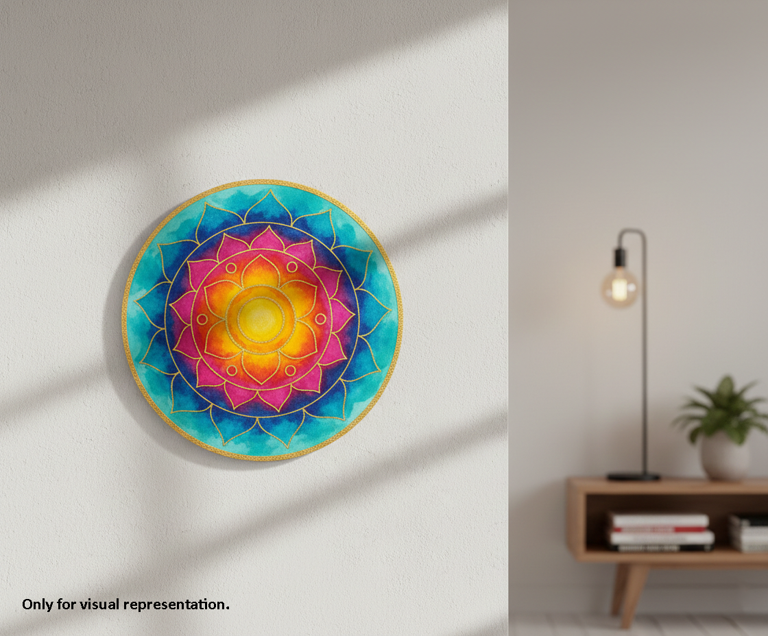 Painted MDF lotus mandala pre marked round base for DIY painting and craft projects, mounted on wall