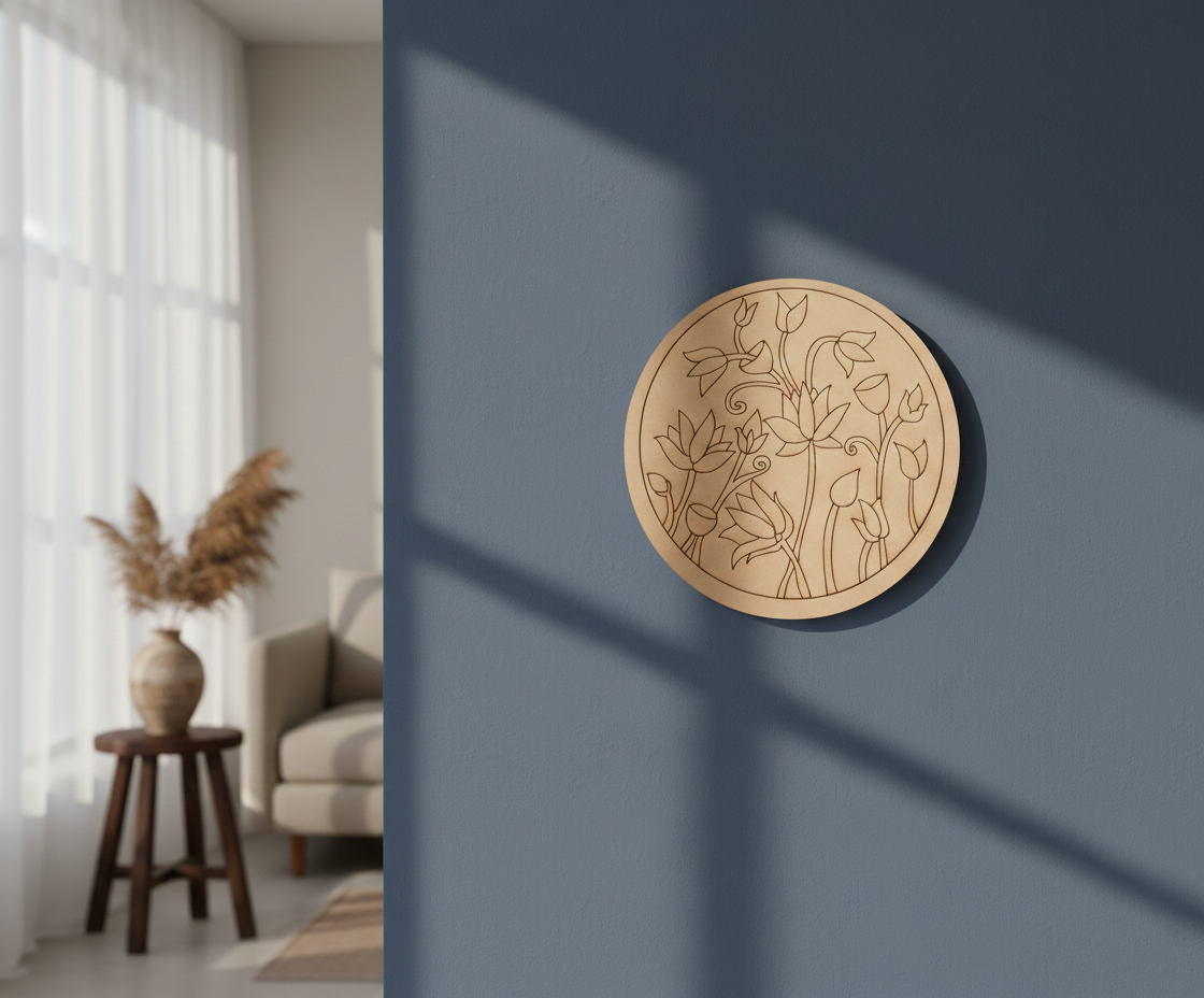 MDF lotus floral pre marked round base for DIY painting and craft projects, mounted on wall