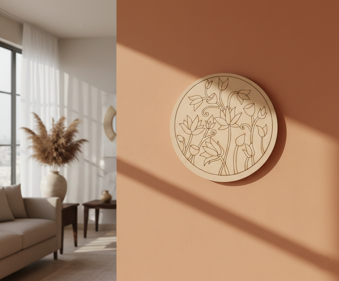 MDF lotus floral pre marked round base for DIY painting and craft projects, mounted on wall