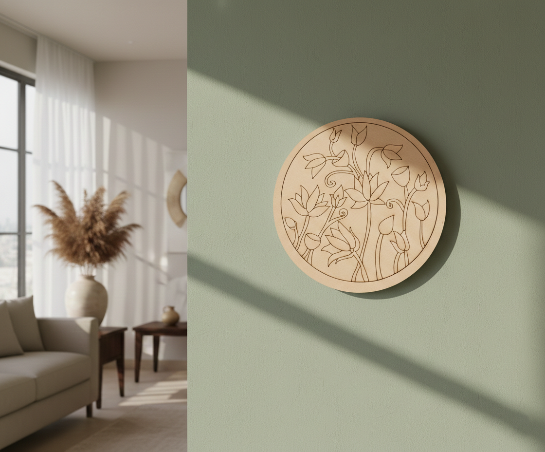 MDF lotus floral pre marked round base for DIY painting and craft projects, mounted on wall