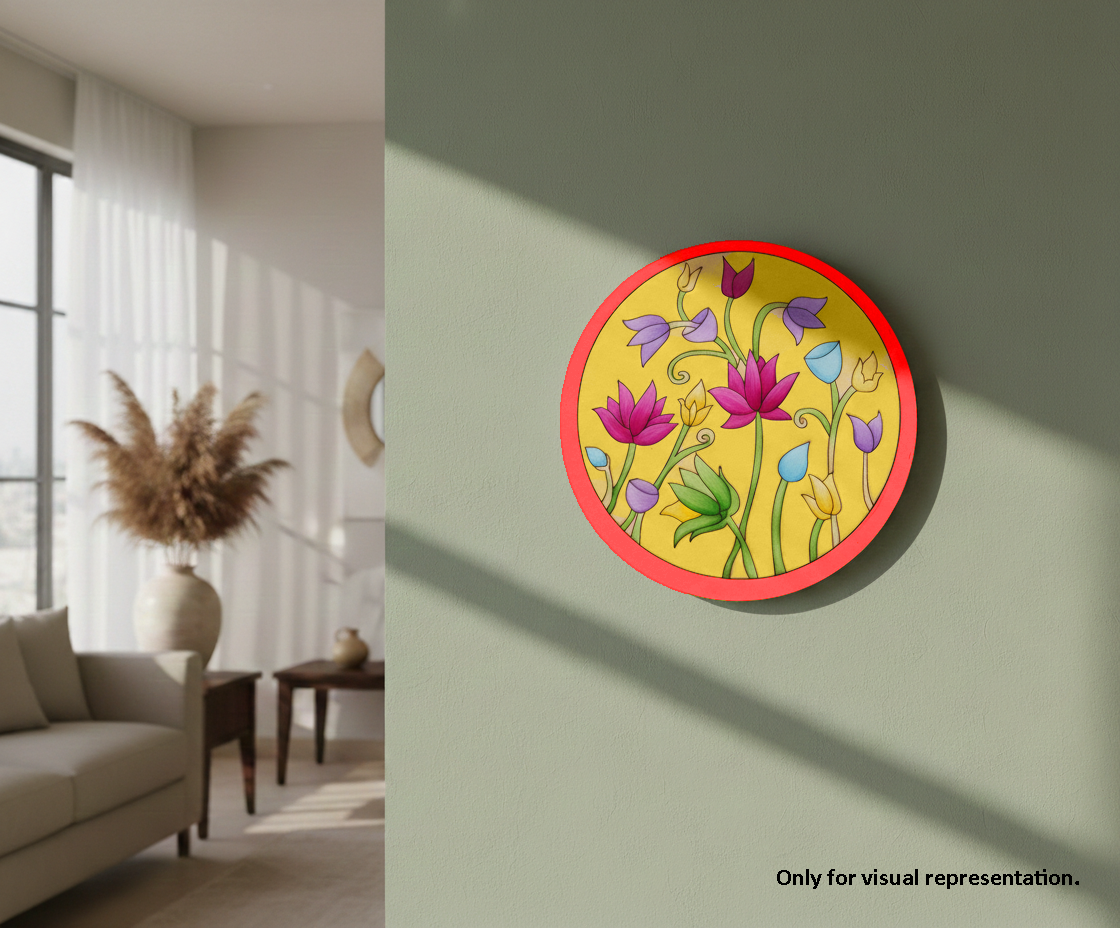 painted MDF lotus floral pre marked round base for DIY painting and craft projects, mounted on wall