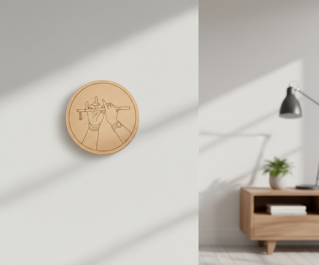 MDF Krishna flute pre marked round base for DIY painting and craft projects, mounted on wall