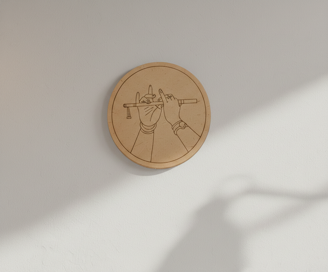 MDF Krishna flute pre marked round base for DIY painting and craft projects, mounted on wall