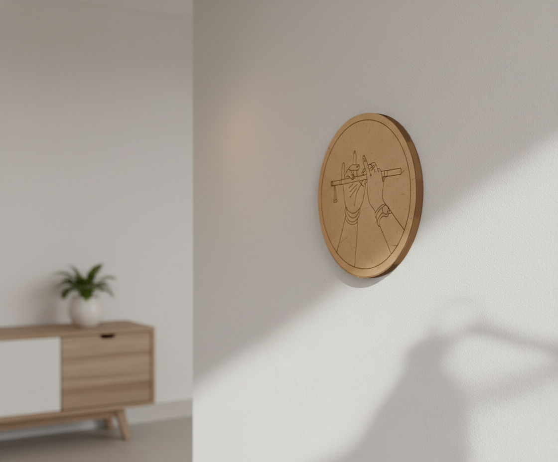 MDF Krishna flute pre marked round base for DIY painting and craft projects, mounted on wall show by side angle 