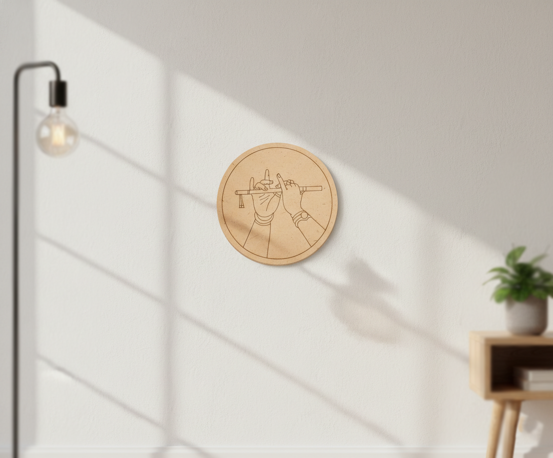 MDF Krishna flute pre marked round base for DIY painting and craft projects, mounted on wall