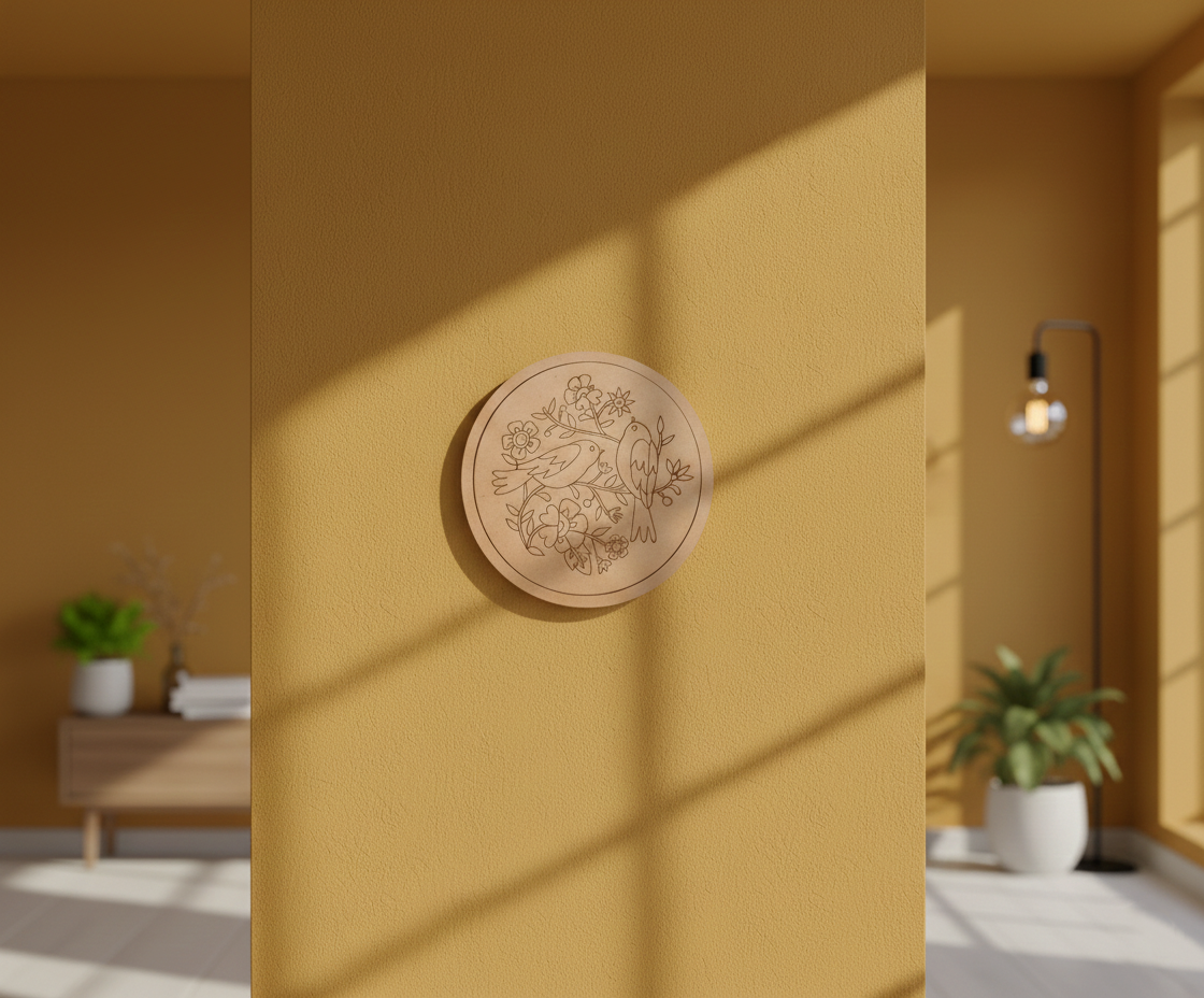 MDF birds pre marked round base for DIY painting and decorative craft projects, mounted on pillar