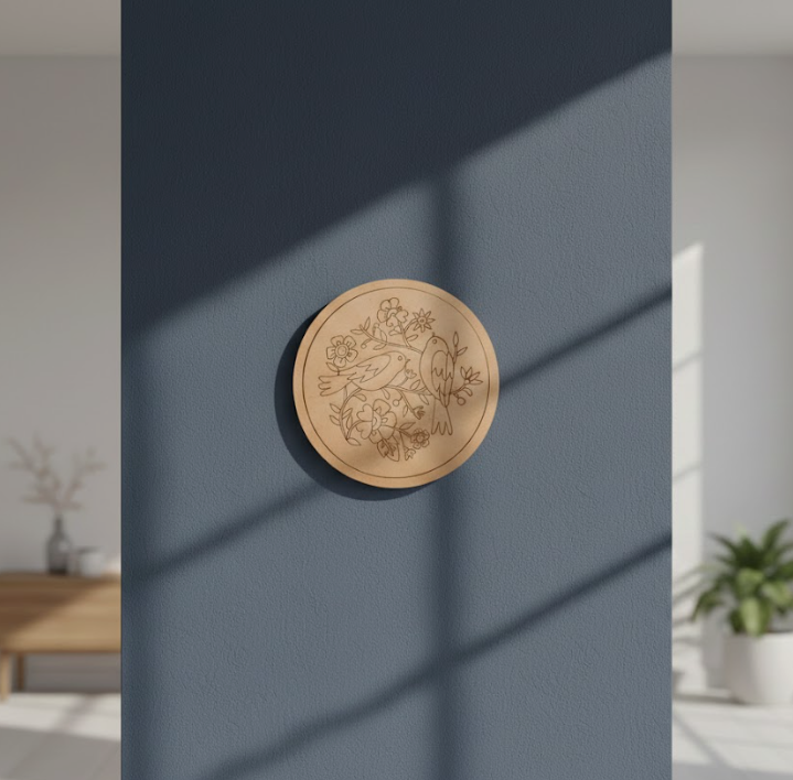 MDF birds pre marked round base for DIY painting and decorative craft projects, mounted on pillar