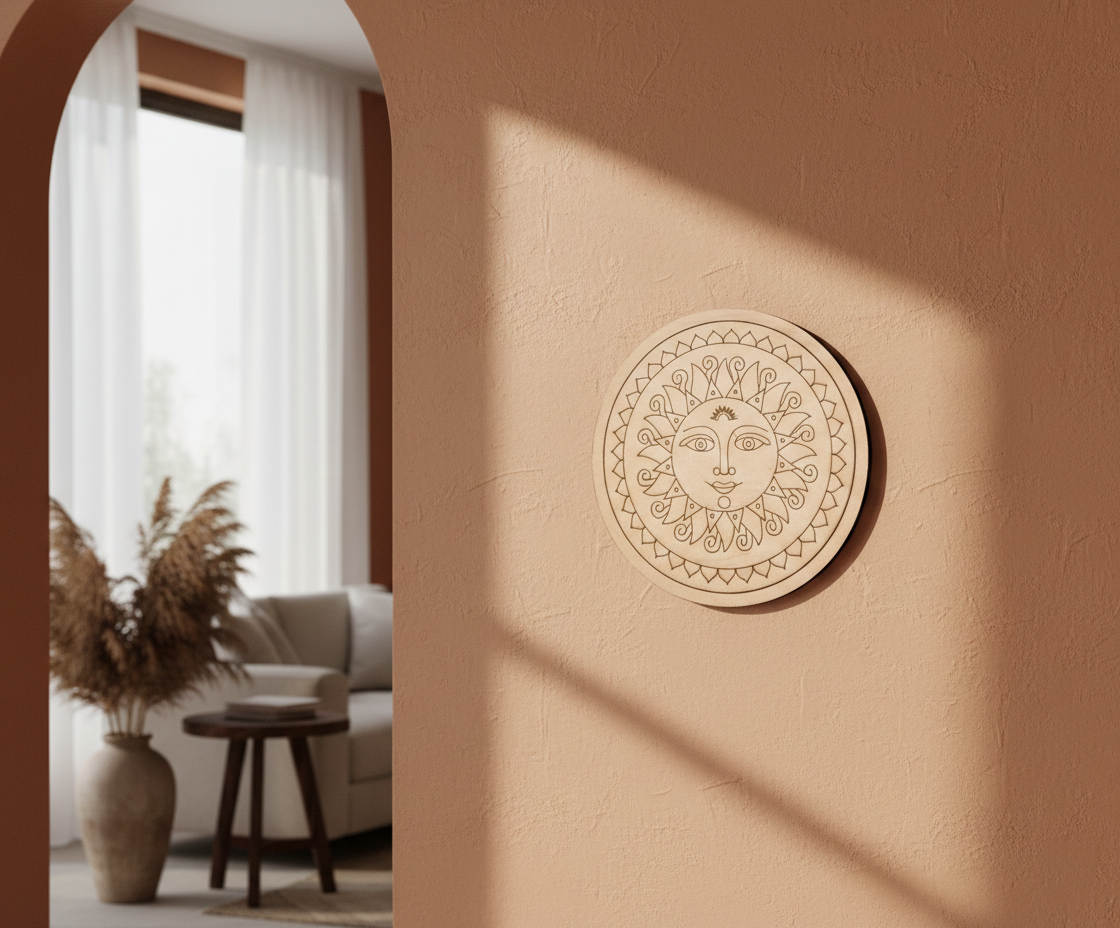 MDF sun face pre marked round base for DIY painting and craft projects, mounted on wall