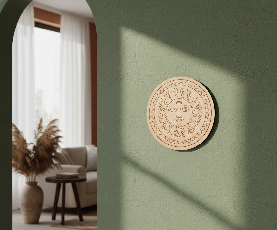 MDF sun face pre marked round base for DIY painting and craft projects, mounted on wall