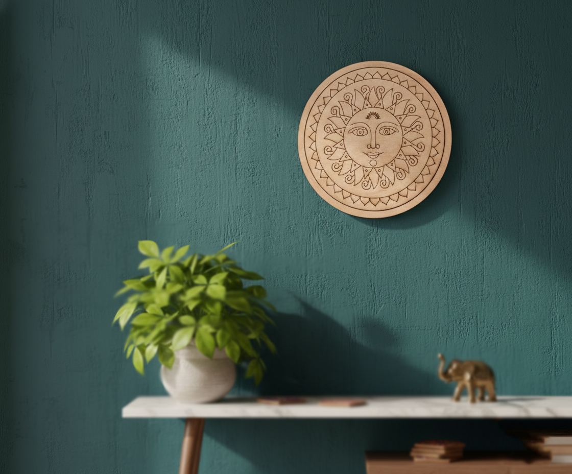 MDF sun face pre marked round base for DIY painting and craft projects, mounted on wall