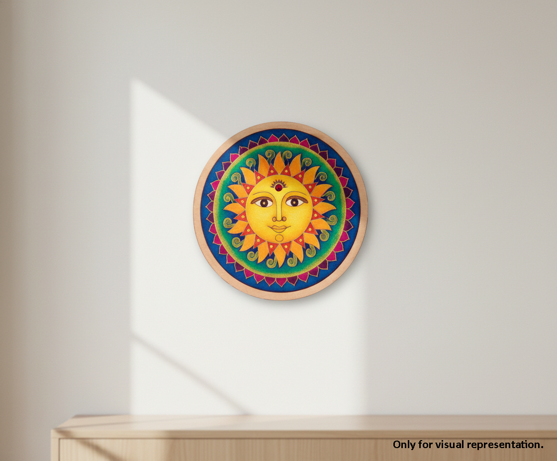 Painted MDF sun face pre marked round base for DIY painting and craft projects, mounted on wall