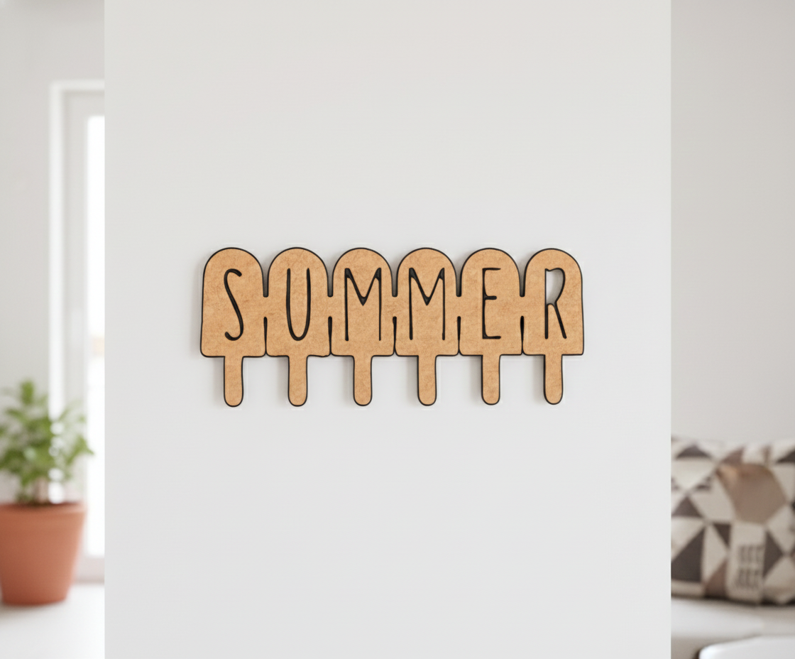 Unpainted MDF SUMMER quote DIY cutout board for wall decor and craft projects, mounted on wall