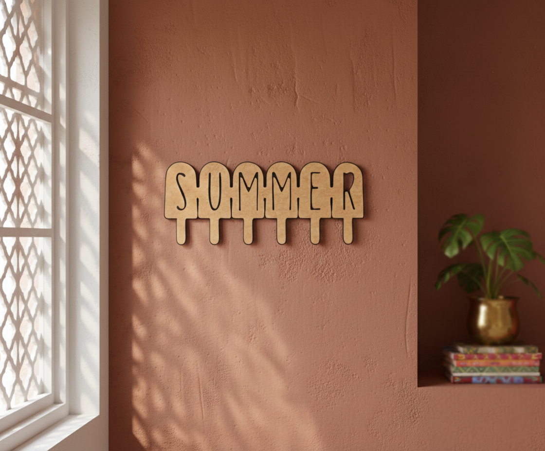 Unpainted MDF SUMMER quote DIY cutout board for wall decor and craft projects, mounted on wall