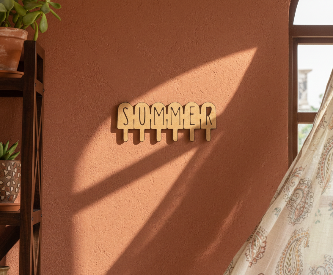 Unpainted MDF SUMMER quote DIY cutout board for wall decor and craft projects, mounted on wall