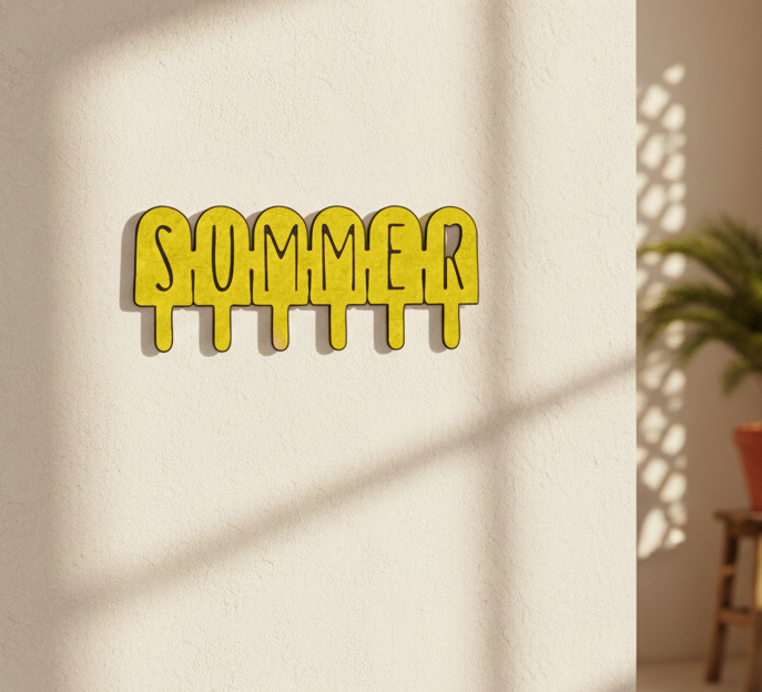 Painted MDF SUMMER quote DIY cutout board for wall decor and craft projects, mounted on wall