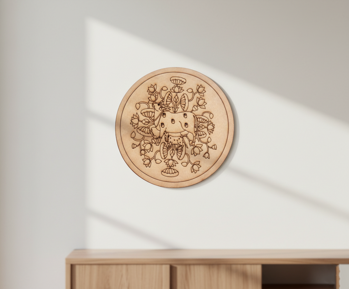 MDF cow mandala pre marked round base for DIY painting and decorative craft projects, mounted on wall