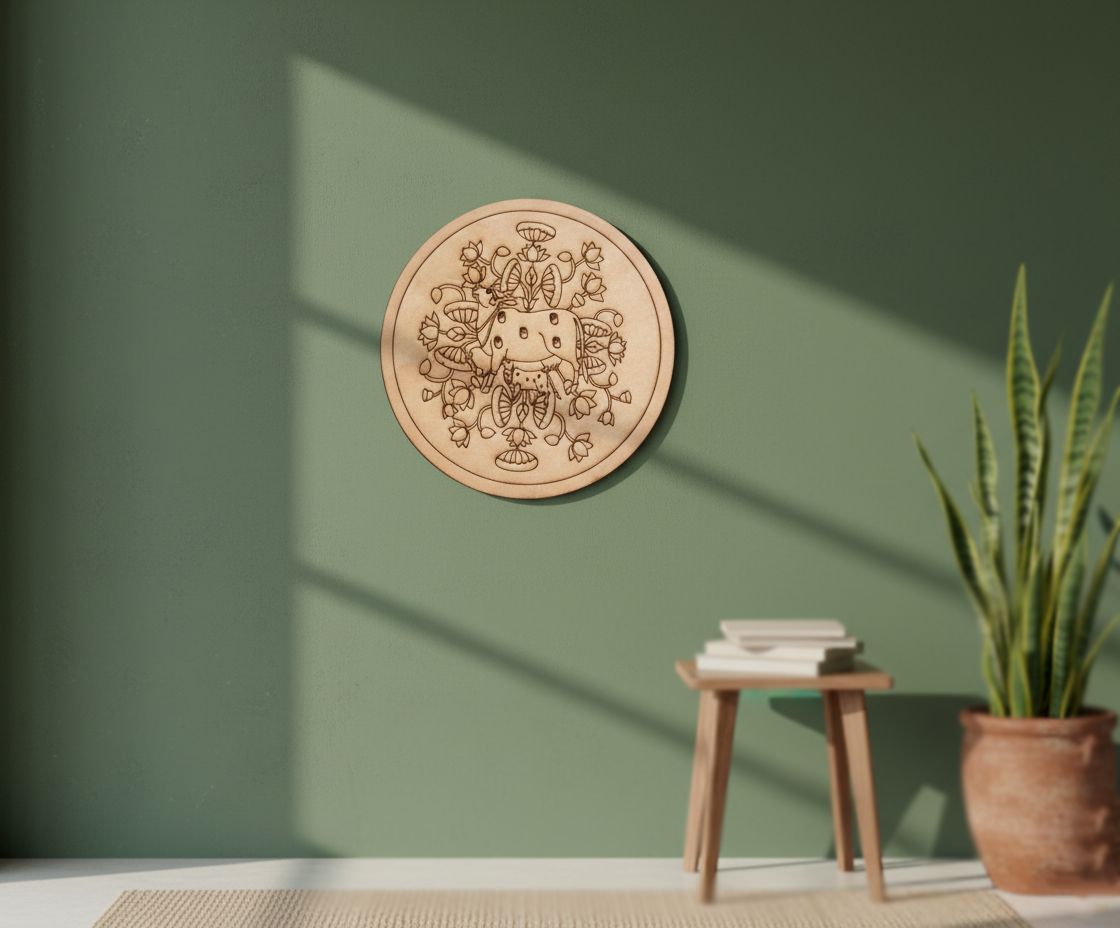 MDF cow mandala pre marked round base for DIY painting and decorative craft projects, mounted on wall