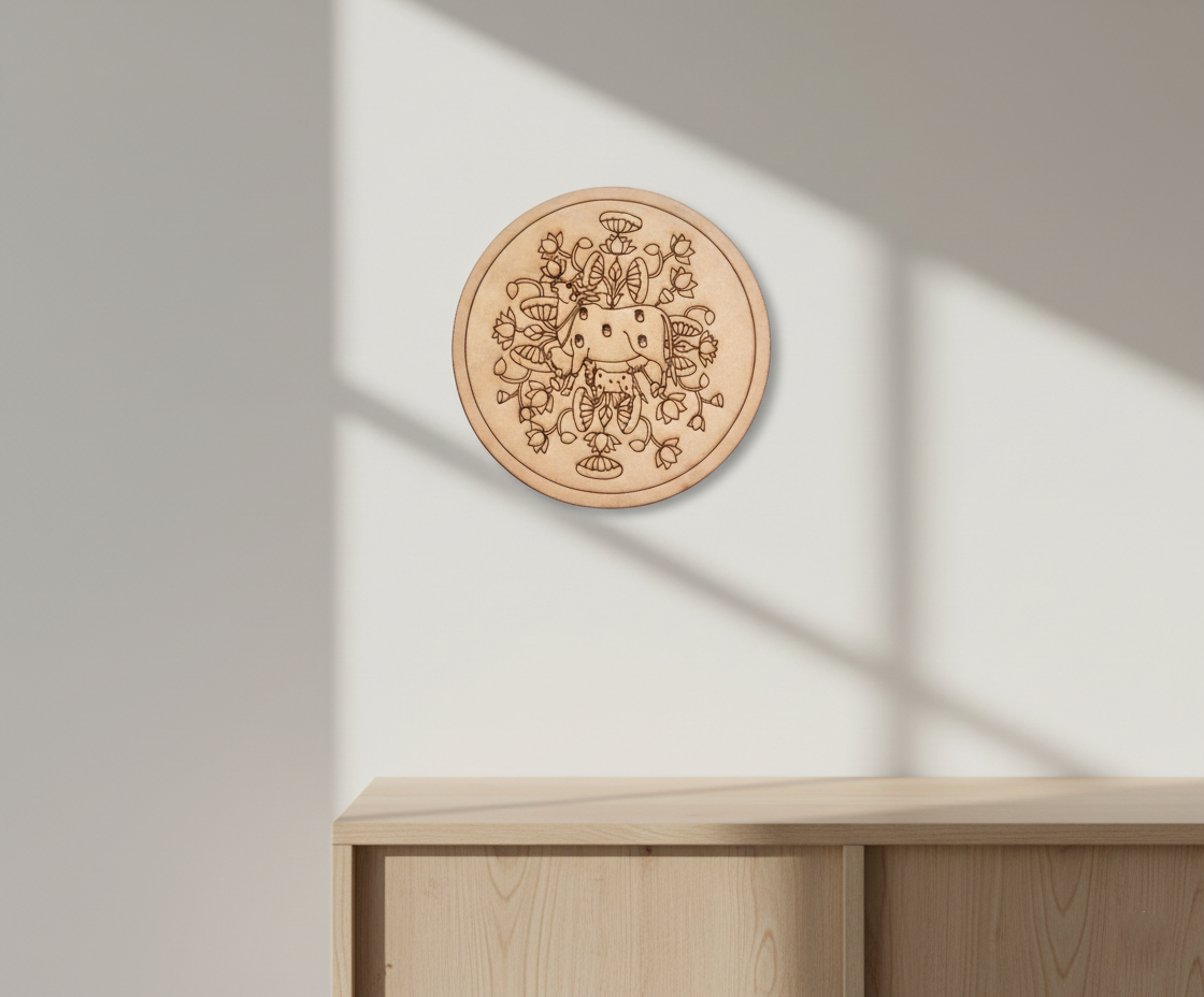 MDF cow mandala pre marked round base for DIY painting and decorative craft projects, mounted on wall