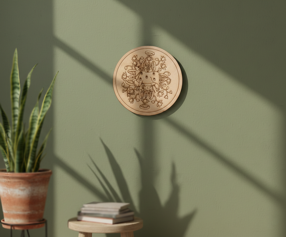 MDF cow mandala pre marked round base for DIY painting and decorative craft projects, mounted on wall