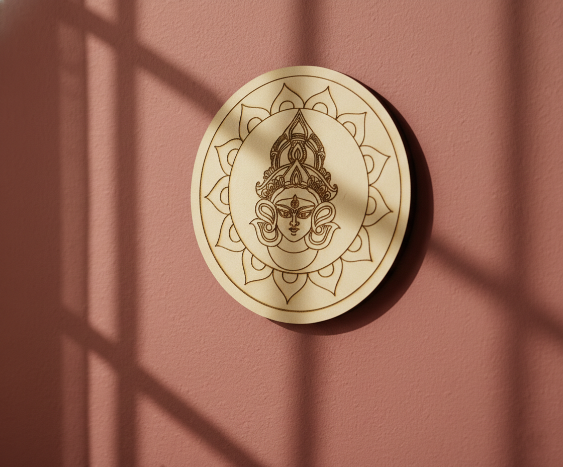 MDF Durga face pre marked round base for DIY painting and decorative craft projects, mounted on wall